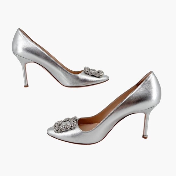 Manolo Blahnik Hangisi Pumps Heels Silver Size 39 US 9 Women Crystal Buckle - Picture 11 of 15